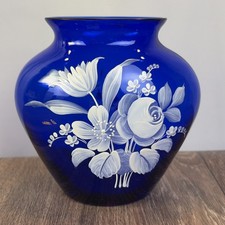 Small Hand-Painted Cobalt Blue Ceramic Pitcher with Fruit and Floral Motif