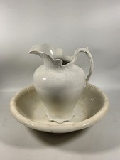 Antique Porcelain Wash Pitcher and Basin Set with Pink Roses and Green Swag Transfer Decoration — listing 5