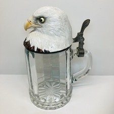 Pair of German Etched Glass Beer Steins with Hinged Pewter Lids, Elk/Stag Wildlife Motif