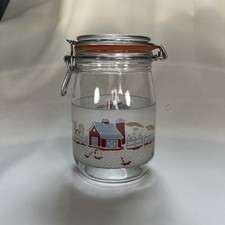 Arc France Glass Bail-Lock Canister Jar with Country Farm Barn Motif