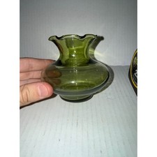 Green Glass Footed Bud Vase with Swung Pinched Rim