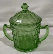 Green Uranium Depression Glass Two-Handled Covered Sugar Bowl with Ribbed Panel Design — listing 6