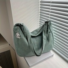 Green Corduroy-Textured Tote Bag with Gold Script Nameplate