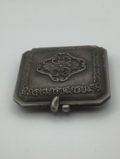 Repoussé Silver Round Compact or Trinket Box with Floral Scroll Design and Barbed Wire Border — listing 4