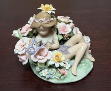 Lladró Porcelain Sleeping Fairy Figurine on Leaf with Pink Roses, Model 6786 — listing 6