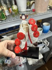 Vintage Japanese Okinawan Dancer Doll in Silk Kimono with Hanagasa Flower Hat on Lacquered Base with Glass Case — listing 2
