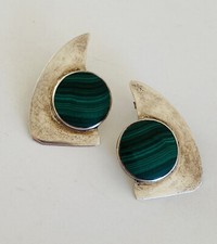 Sterling Silver 925 Modernist Paisley Drop Earrings with Malachite Cabochons — listing 4
