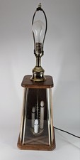 Don Ward Mid-Century Etched Smoked Glass Panel Oak Wood Table Lamp — listing 2