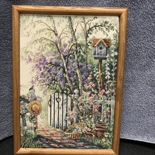 Framed Handmade Country Cottage Sampler Cross Stitch, Completed 2005, Signed 'T 05' with Personalized 'Renee's Home', Matted in Brown Wood Frame — listing 3