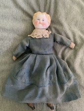 Vintage Porcelain Head Doll Ornament in Red Dress with Lace Bonnet and Apron — listing 4