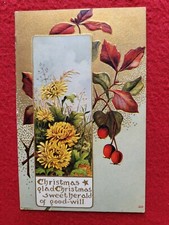 Antique Edwardian Embossed 'A Merry Christmas' Postcard with Silk Poinsettia and Bell, Framed — listing 6