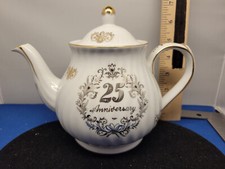 25th Anniversary Commemorative Ceramic Teapot with Gray Floral Toile and Silver Trim — listing 4