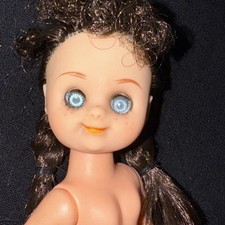 Vintage Small Vinyl Toddler Doll with Brown Curly Pigtails, Unmarked Maker's mark on back/neck — listing 6