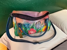 Anuschka Hand-Painted Leather Satchel Shoulder Bag with Tropical Lily Design — listing 3