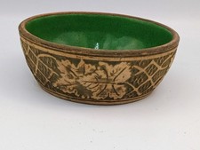 Vintage Brushware Pottery Bowl with Molded Fruit & Foliage Relief, Green Glazed Interior, 3x6 — listing 4