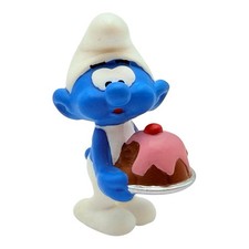 Vintage Smurf PVC Figurine Holding Cake with Cherry — listing 6
