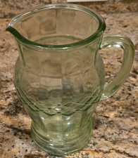 Hazel-Atlas Green Uranium Glass Cube Pattern Milk Pitcher / Creamer, 6.5 inches tall — listing 4