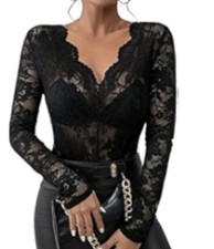 Black Lace Long Sleeve Bustier Thong Bodysuit — listing 6