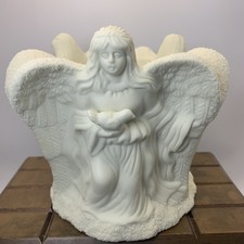 Vintage Bisque Porcelain Angel Girl Candle Holder Figurine with Star Cutouts and Gold Halo — listing 5