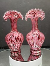 Hand-Blown Cranberry Spatter Art Glass Bud Vase with Applied Handles and Ruffled Rim — listing 5