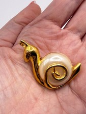 Vintage Gold-Tone Figural Snail Brooch with Real Shell Body and Faux Pearl Accent