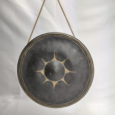 Vintage Thai Bronze Nipple Gong with Etched Sunburst Design, Wall-Hung on Rope