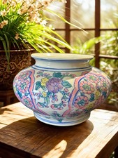 Vintage Chinese Blue Porcelain Jardiniere Planter Peacock Chinoiserie 9" x 12"