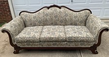 1920s Duncan Phyfe Style Sofa with Carved Mahogany Scroll Arms and Striped Upholstery — listing 3