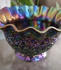 L.E. Smith Amethyst Carnival Glass Basket with Applied Handle and Ruffled Rim