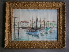 Mediterranean Harbor Scene Painting with Boats and Palm Tree, Distressed Yellow Frame — listing 3