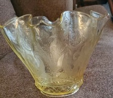 Lancaster Glass Co. Yellow Topaz 'Sphinx' Etched Depression Glass Bowl with Ruffled Rim