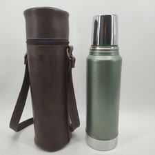 Vintage Stanley Aladdin A-944C Hammertone Green Quart Vacuum Bottle Thermos with Brown Leather Carrying Case — listing 3