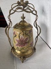 Castilian Black Porcelain Biscuit Jar with Hand-Painted Pink & Gold Chrysanthemums and Brass-Tone Lid & Swing Handle, 8 in