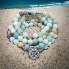 Handmade Beaded Stretch Bracelet with Amazonite, Fire Agate, Turquoise-Style Beads and Silver-Tone Lotus Charm — listing 4