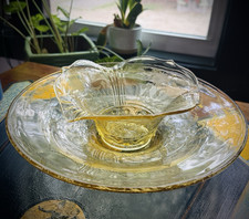 Yellow (Topaz) Depression Glass Console Bowl, Etched Floral Scroll Pattern, 11 inch — listing 4