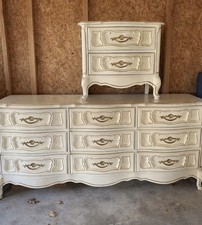 French Provincial Style Bedroom Set - Carved Pine Queen Bed, Nightstand, Armoire & Mirror — listing 2