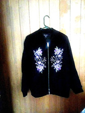Cotton Silk Heavily Embroidered Floral Bomber Jacket, Women's XL — listing 3
