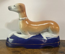 Pair of Staffordshire-Style Reclining Greyhound/Whippet Figurines on Cobalt Blue Bases — listing 2