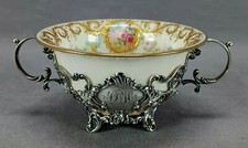Antique Sterling Silver Pierced Bouillon Cup Holder & Saucer with Porcelain Rose Insert — listing 6