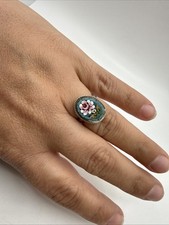 Antique Italian Micromosaic Floral Ring, Navette/Marquise Shape, Multicolored Glass Tesserae, Adjustable Band