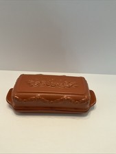 Vintage Terracotta Redware Covered Butter Dish with Embossed Floral Swag Motif — listing 5