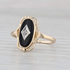 Vintage 1940s 10K Gold Black Onyx Diamond Navette Ring