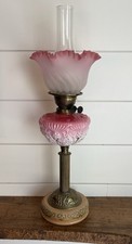 Antique Cranberry Glass Oil Lamp with Milk Glass Base and Etched Chimney — listing 5