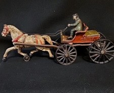 Antique Cast Iron Two-Seat Horse-Drawn Phaeton Carriage Toy with Two White Horses and Figures — listing 6