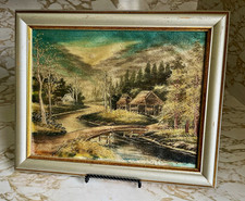 Pair of Vintage Japanese Silk Crewel Embroidery Pictures, Landscape Scenes, Framed Under Glass — listing 2