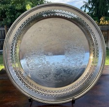 Vintage Silverplate Round Serving Tray with Beaded Rim and Engraved Scrollwork Center