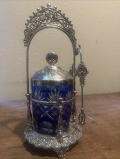 Cobalt Blue Cut-to-Clear Crystal Footed Bowl on Square Glass Base — listing 4