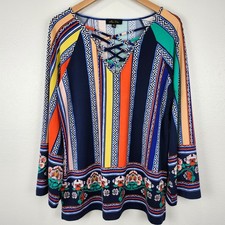 Melissa Paige Tropical Boho Off-Shoulder Top, Orange/Multicolor Palm Print, Size XL — listing 6