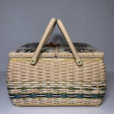 Antique Woven Wicker Sewing Basket with Padded Silk Lid and Hinged Compartment — listing 2
