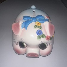 Modern Pink Ceramic Piggy Bank with Closed Eyelash Detail — listing 2
